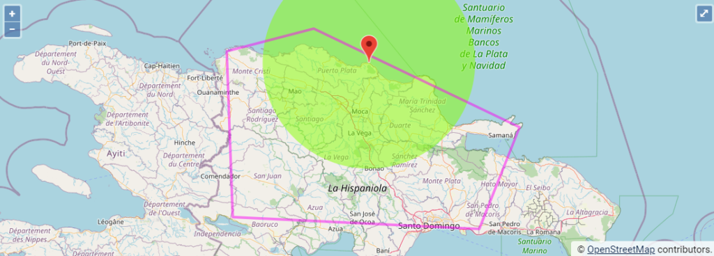 Image map of service area in Dominican Republic. onsite quotes in green area