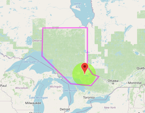 Image map of service area in Northern Ontario. onsite quotes in green area